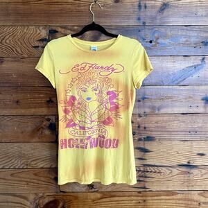 Y2k 2000s Ed Hardy Yellow Girl Graphic Rhinestone Hollywood Tee Small
